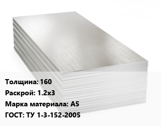Алюминиевый лист 160 1.2х3 Марка: А5 ГОСТ: ТУ 1-3-152-2005, плита цена от 496509 ₼ / т, где купить, условия доставки в Баку и Бакинская области